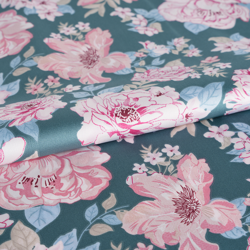 50d Stretch Satin Peony Flower Print Stoff